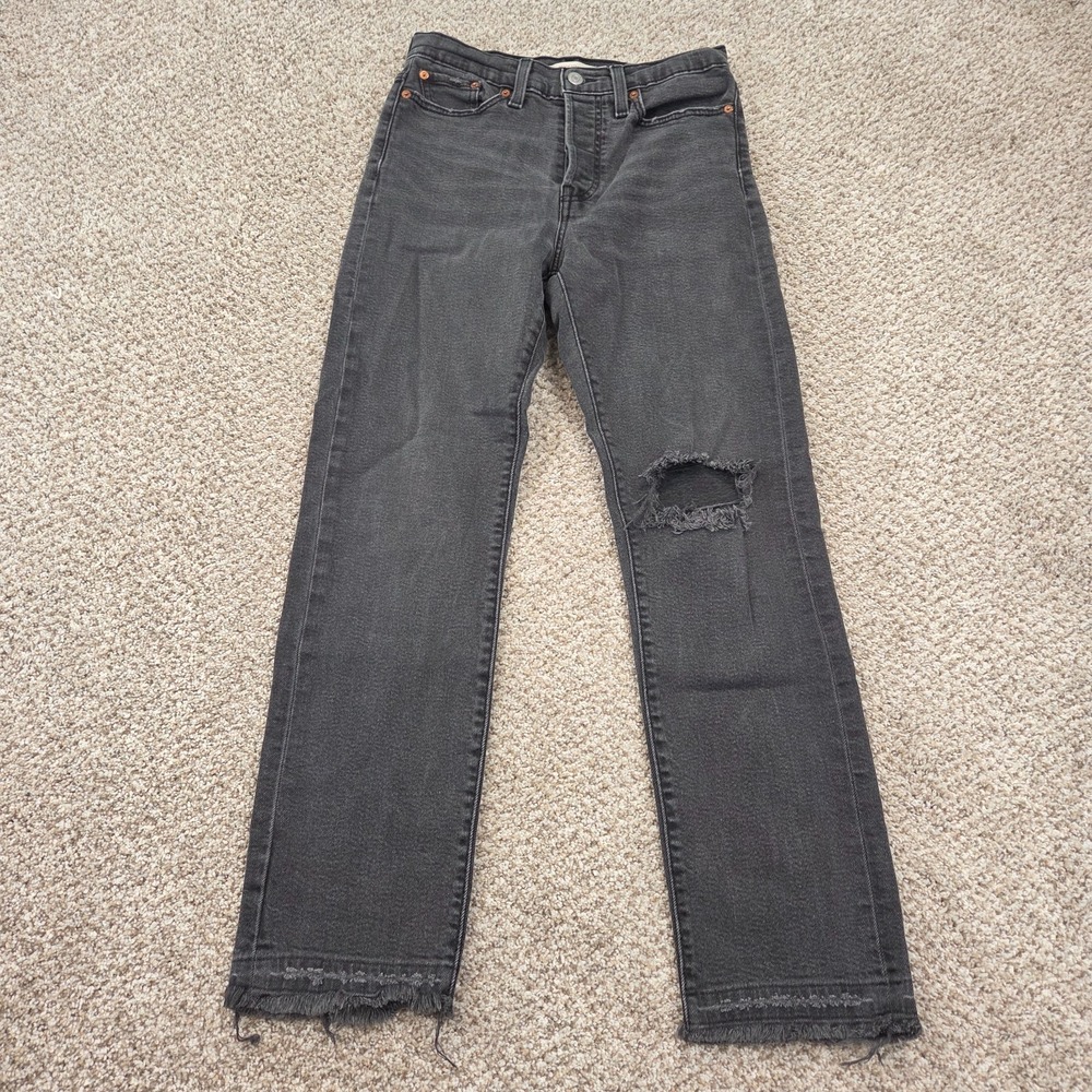 Levis Black Wedgie Straight Leg Jeans High Rise 28x28.5 Button Fly Ankle Raw Hem